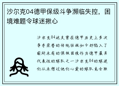 沙尔克04德甲保级斗争濒临失控，困境难题令球迷揪心