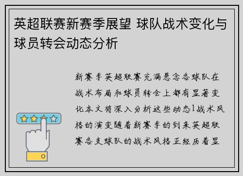 英超联赛新赛季展望 球队战术变化与球员转会动态分析